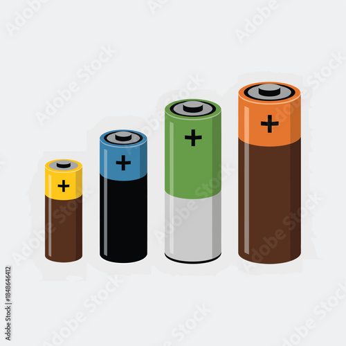 An illustration displaying four batteries in varying sizes and colors