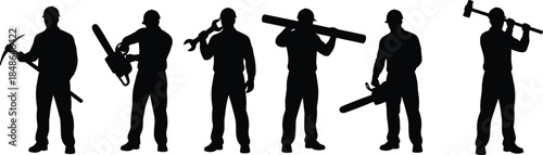 Construction worker silhouettes holding tools, builder and industrial labor figures, black human shapes, engineering and repair concept isolated