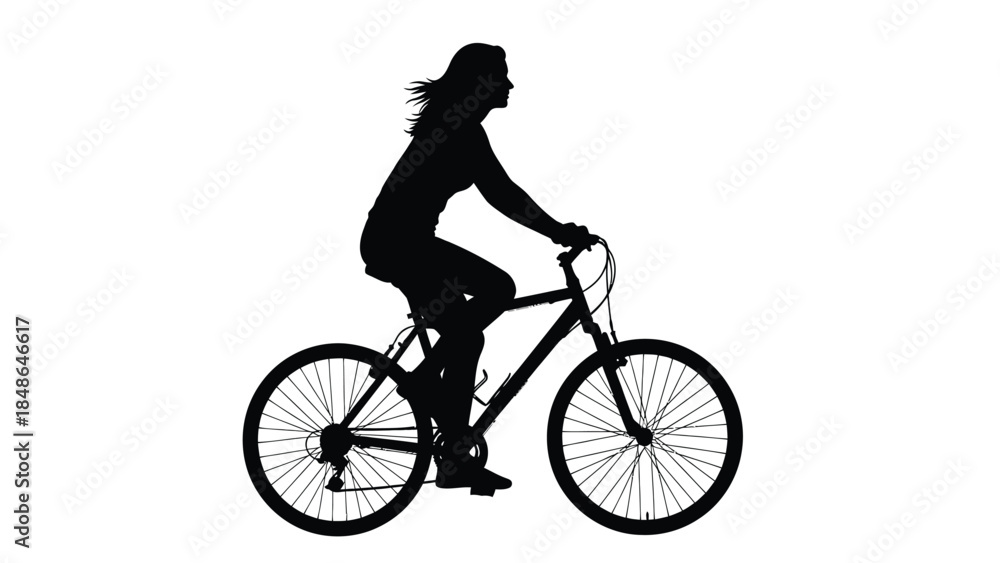 Obraz premium Silhouette of a woman riding a mountain bicycle isolated on a clean white background representing fitness and outdoor activity
