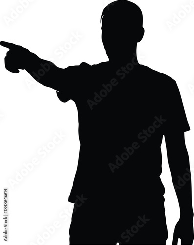 Silhouette of a young man pointing directly forward with his arm extended against a stark white background symbolizing direction and focus