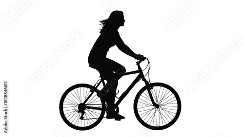 Silhouette of a woman riding a mountain bicycle isolated on a clean white background representing fitness and outdoor activity