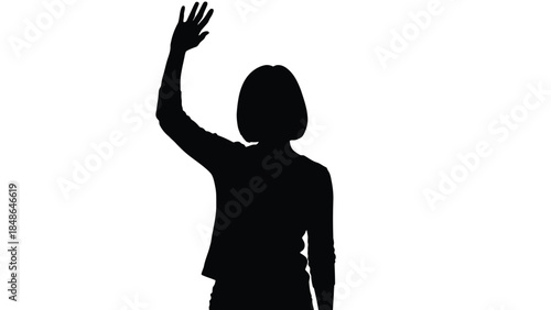 Silhouette of a woman with short hair waving her hand high in the air against a stark white background symbolizing greeting or farewell