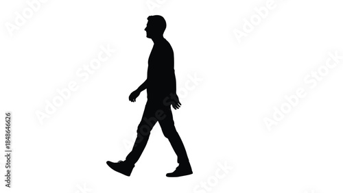 Silhouette of a young man walking confidently from left to right against a stark white background symbolizing movement and progress