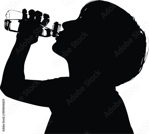 Silhouette of a person drinking clear water from a plastic bottle against a bright white background emphasizing hydration needs