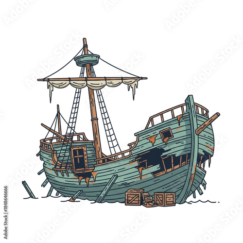 a wooden ship that was damaged and sank.