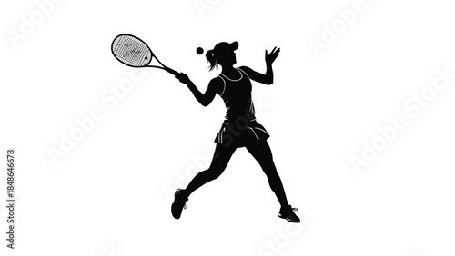 Dynamic black silhouette of a female tennis player executing a powerful overhead serve against a stark white background perfect for sports graphics