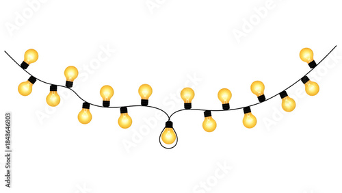 String of yellow light bulbs on black isolated on a transparent background glowing illumination