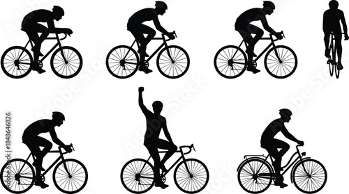 Cycling athlete silhouettes riding road bikes, competitive bicycle racing poses, professional cyclists training and celebrating isolated on white background