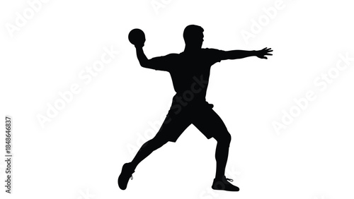 Silhouette of an athlete in midthrow preparing to launch a ball during a dynamic sports competition against a white background
