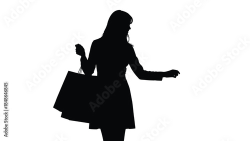 Silhouette of a stylish woman holding shopping bags and gesturing while walking against a bright white background representing consumerism