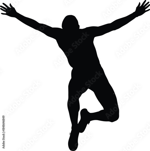 Silhouette of an athlete jumping midair with arms outstretched in a triumphant pose against a stark white background
