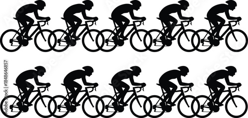 Cyclist silhouettes racing on road bikes, repeating pattern of professional cycling riders, sport fitness illustration, isolated on white background