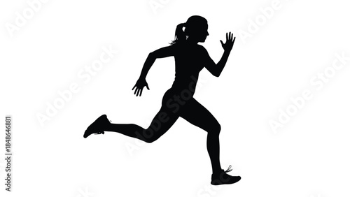 Silhouette of a determined female athlete sprinting forward with intense focus against a stark white background symbolizing speed and competition
