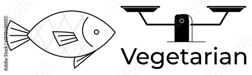 Dietary habits, ethical eating, healthy lifestyle, nutrition concepts, food choices, balanced diet. Fish icon next to a balance scale and vegetarian text. Dietary habits and ethical eating concept