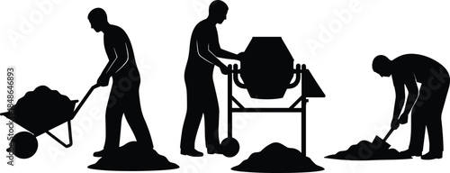 Construction workers silhouettes mixing concrete and handling materials, industrial labor and building work concept, manual workers isolated on white background