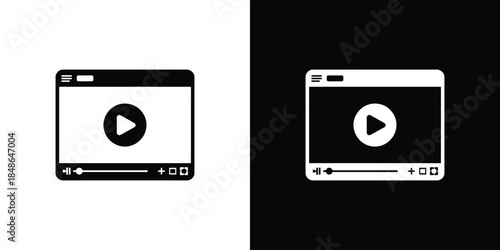 Isolated Video Player Window with Play Button in Black and White with Transparent BG