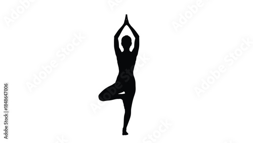 Silhouette of a person performing the yoga tree pose vrksasana demonstrating balance focus and mindful physical wellness against white