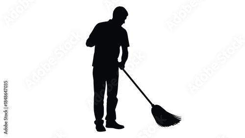 Silhouette of a man sweeping the floor with a broom against a stark white background symbolizing janitorial work and cleanliness