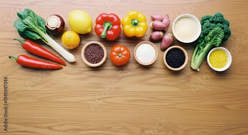 Flat lay of various vegetables, spices, and condiments arranged on a wooden surface with a RETRO feel, showcasing a colorful and vibrant display.