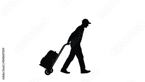 Silhouette of a delivery worker wearing a cap pulling a heavy rolling cart with a large package against a white background