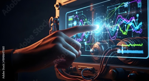 A hand interacting with a futuristic screen displaying colorful graphs and charts in a dark setting with a retro aesthetic.