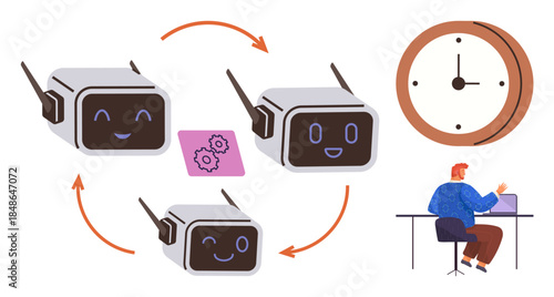 Smiling robots in sequence with arrows, gears indicating process automation, clock symbolizing time, individual at desk working with technology. Ideal for AI, efficiency, workflow, teamwork