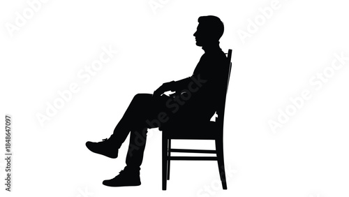 Silhouette of a thoughtful man sitting in profile on a wooden chair against a stark white background symbolizing contemplation or waiting