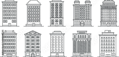 Black and White Office Building Icon Set for City Skyline Business and Corporate Headquarters
