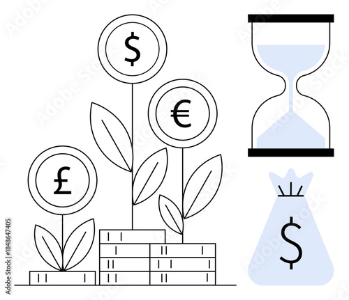 Currency plants growing from stacks of coins alongside an hourglass and money bag. Ideal for investment strategies, financial growth, time management, wealth, savings, economy, and business planning