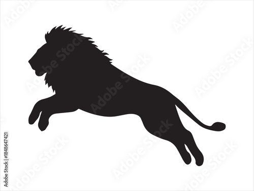 Jumping Lion Silhouette, Powerful black lion roaring and leaping with open mouth and mane vector illustration