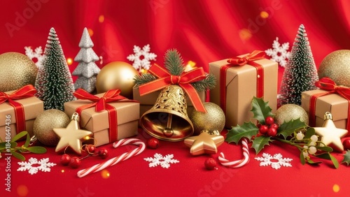3D Christmas presents and symbols on red background