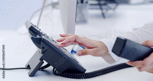 Phone call, dial or hands in office with telephone, contact us or communication on help desk. Corporate, crm or receptionist in agency with tech, client chat or response management as secretary