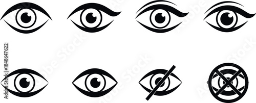 Eye Icon Set Black Silhouette for View Visibility and Invisible Mode Symbol