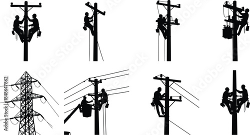Electric line workers silhouettes repairing power poles and transmission lines, utility maintenance teamwork, electrical industry concept, black vector illustration isolated