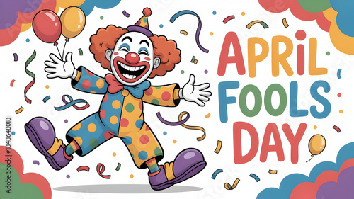 Vibrant cartoon clown celebrating april fools day with colorful confetti
