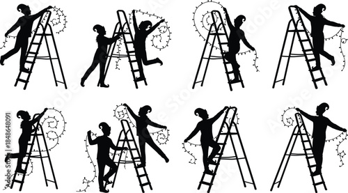 Elf silhouette hanging lights, festive ladder poses, Christmas decor, curly string bulbs, black artwork, holiday whimsy, white background, cozy scene