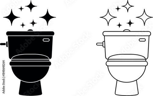 Clean Toilet Commode Icon Set Black Silhouette and Outline for Hygiene and Restroom