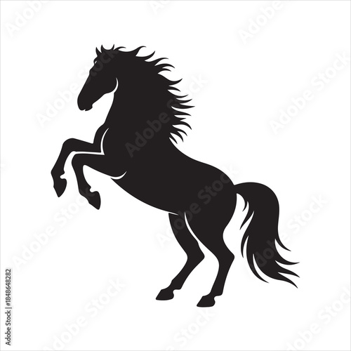A rearing horse silhouette, A black silhouette of a horse rearing up on its hind legs, mane and tail flowing dramatically. 