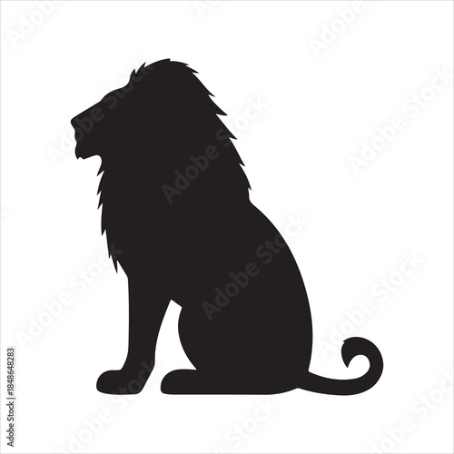 sitting lion side view vector icon. Elegant black lion logo design element. A majestic wild cat sitting in a regal pose.