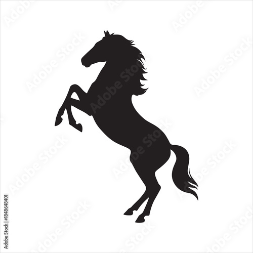 A rearing horse silhouette, A black silhouette of a horse rearing up on its hind legs, mane and tail flowing dramatically. 