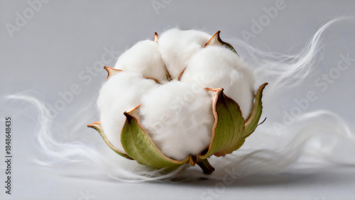 Cotton boll with white fluff, green bracts light gray	cotton boll,white fluff,green bracts,light gray,soft,fiber,texture,gloss,natural,minimalist,fresh,atmos