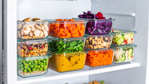 Healthy meal prep glass containers in an organized refrigerator