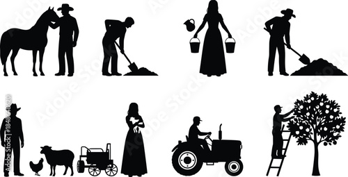 Farming, agriculture, rural labor, farm animals, tractor, harvesting, irrigation, livestock care, manual work, countryside, shovel, horse, tree, fruit, soil, poultry, sheep, watering, bucket, ladder