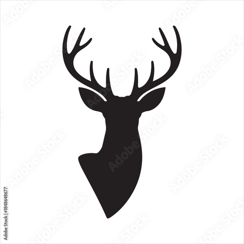 Detailed deer head turning to the right with fine fur and antler structure silhouette vector, Deer head logo silhouette vector art illustration