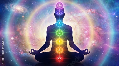 Meditating silhouette aligning seven chakras in glowing cosmic nebula background