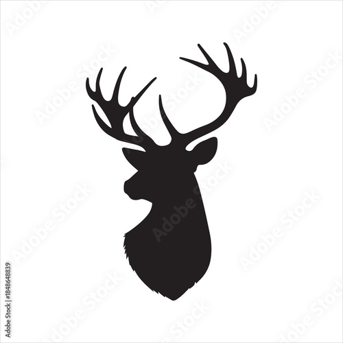 Detailed deer head turning to the right with fine fur and antler structure silhouette vector, Deer head logo silhouette vector art illustration