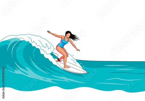 Surfer Girl Riding a Wave with Style and Grace in the Ocean.
