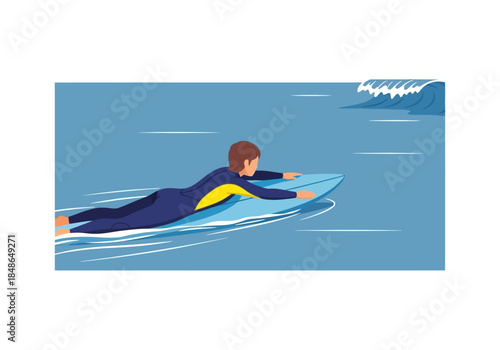 Surfer Paddling on Blue Surfboard in Ocean with Wave.