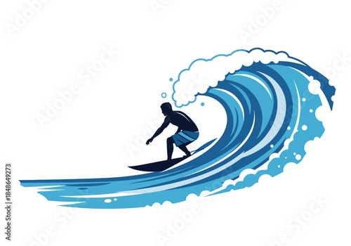 Surfer Riding a Blue Wave Illustration.
