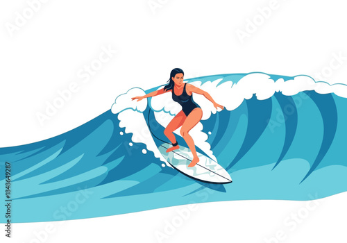 Surfer Girl Riding a Blue Ocean Wave.